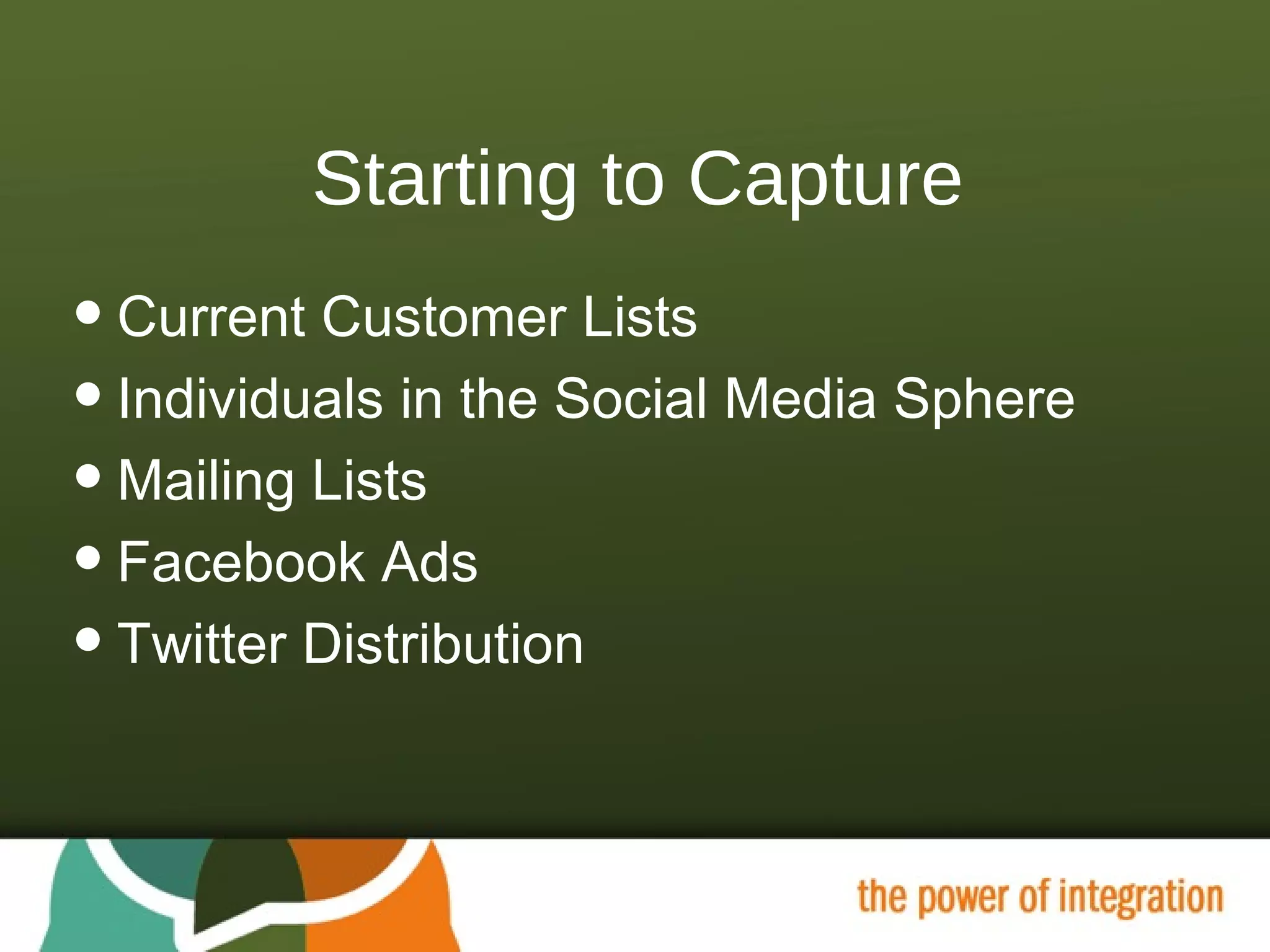 Starting to Capture Current Customer Lists Individuals in the Social Media Sphere Mailing Lists Facebook Ads Twitter Distribution 