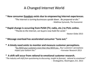 A Changed Internet World
* New consumer freedom exists due to empowering Internet experiences.
“The Internet is turning businesses upside down. Be prepared-or die.”
- Matthew Symonds, The Economist

* Rapid change is occurring from PUSH (TV, radio, etc.) to PULL online.
“Thanks to the Internet, car buyers now hold the cards.”
- Boston Globe 2013

* Message overload has accelerated consumer “tune out.”
* A timely need exists to monitor and measure customer perceptions.
“You NEED your customers more than they NEED you . Your customers’ perceptions
impact your bottom line.”
–Forrester Research 2013

* A shift will occur from rational to emotional customer research.
“The industry will shift from questioning to discussing, insight to forecast, rational to emotional.”
- StrategyOne, Washington, D.C. 2013

 