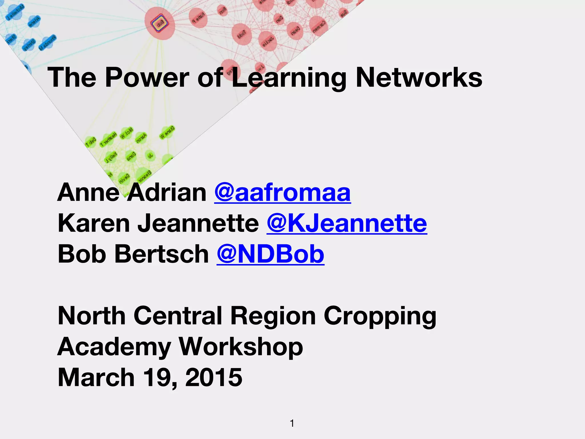 The Power of Learning Networks
Anne Adrian @aafromaa
Karen Jeannette @KJeannette
Bob Bertsch @NDBob
North Central Region Cropping
Academy Workshop
March 19, 2015
1
 