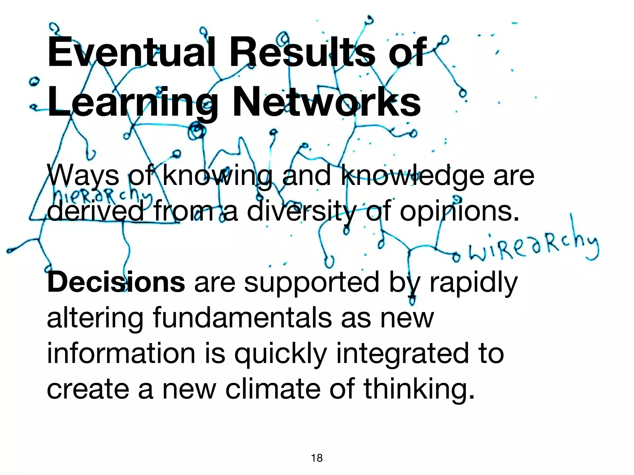 Eventual Results of
Learning Networks
Ways of knowing and knowledge are
derived from a diversity of opinions.
Decisions are supported by rapidly
altering fundamentals as new
information is quickly integrated to
create a new climate of thinking.
18
 