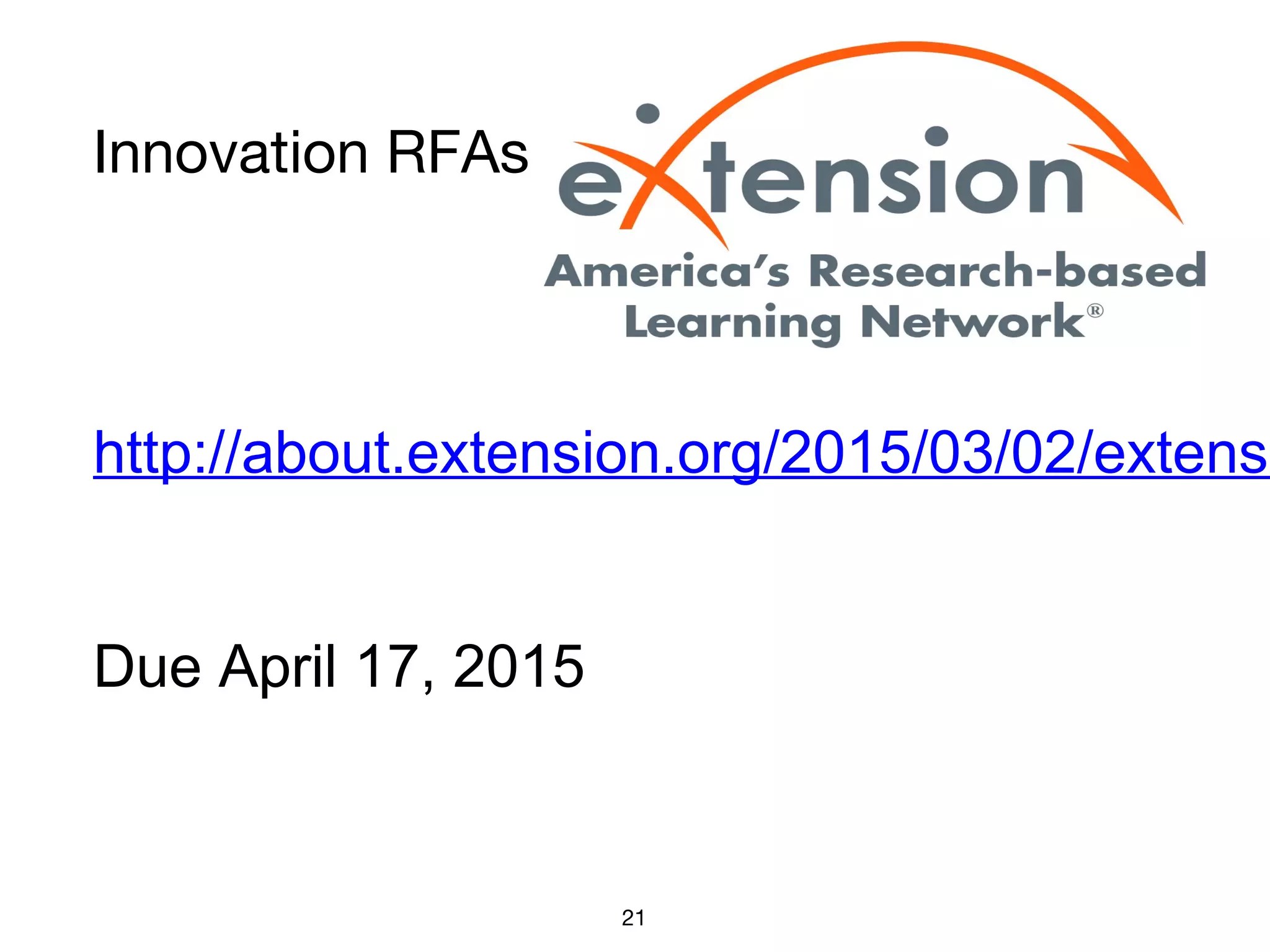 Innovation RFAs
http://about.extension.org/2015/03/02/extensi
Due April 17, 2015
21
 
