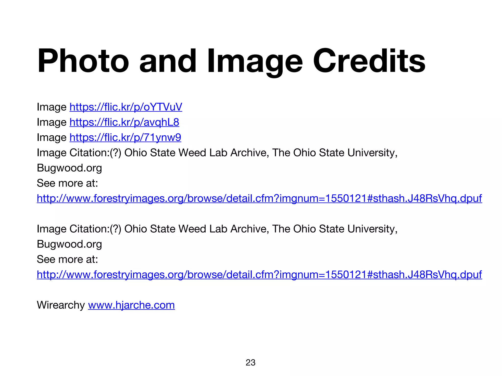 Photo and Image Credits
Image https://flic.kr/p/oYTVuV
Image https://flic.kr/p/avqhL8
Image https://flic.kr/p/71ynw9
Image Citation:(?) Ohio State Weed Lab Archive, The Ohio State University,
Bugwood.org
See more at:
http://www.forestryimages.org/browse/detail.cfm?imgnum=1550121#sthash.J48RsVhq.dpuf
Image Citation:(?) Ohio State Weed Lab Archive, The Ohio State University,
Bugwood.org
See more at:
http://www.forestryimages.org/browse/detail.cfm?imgnum=1550121#sthash.J48RsVhq.dpuf
Wirearchy www.hjarche.com
23
 