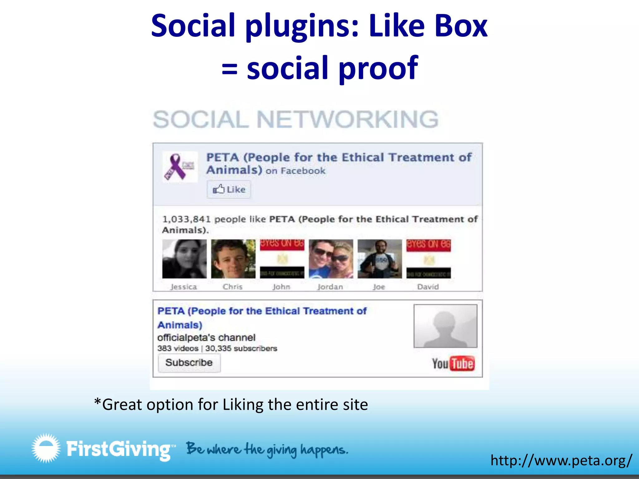 Social plugins: Like Box= social proof*Great option for Liking the entire sitehttp://www.peta.org/