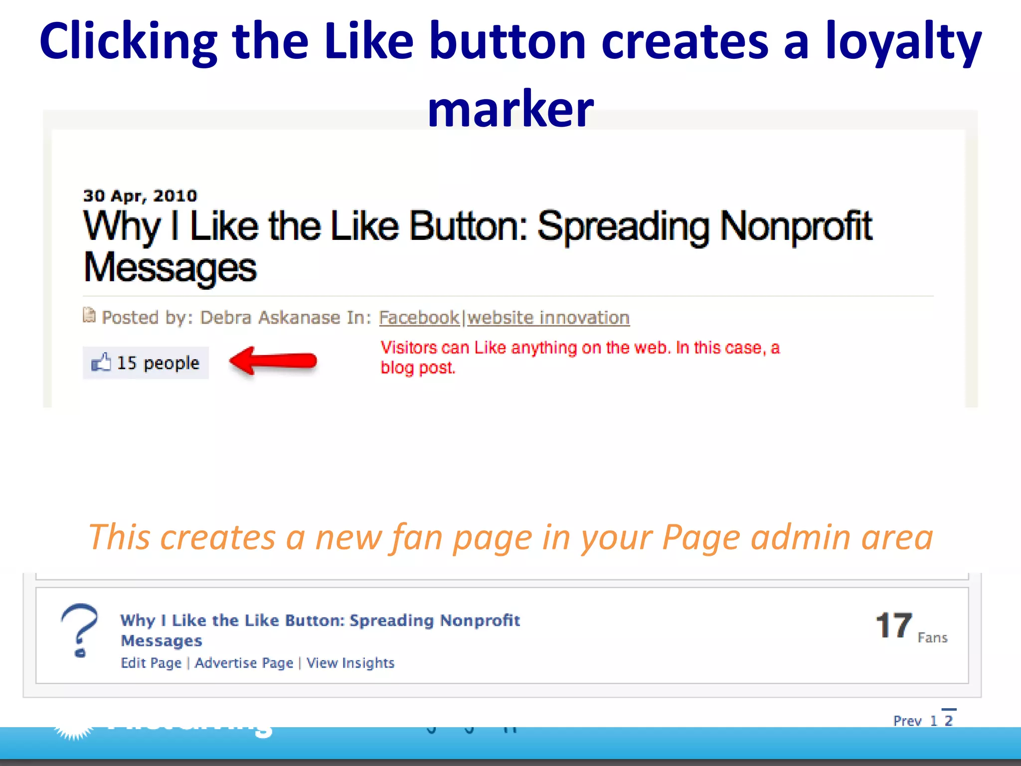 Clicking the Like button creates a loyalty markerThis creates a new fan page in your Page admin area