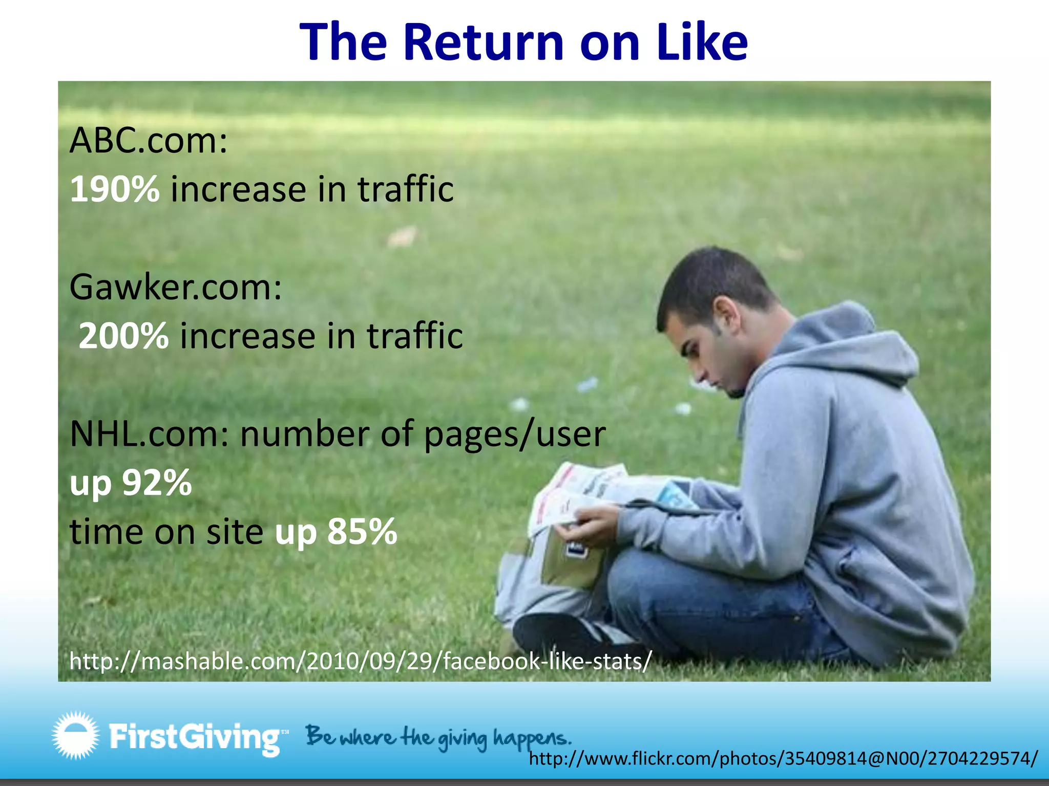 The Return on LikeABC.com: 190% increase in trafficGawker.com: 200% increase in trafficNHL.com: number of pages/user up 92%time on site up 85%http://mashable.com/2010/09/29/facebook-like-stats/http://www.flickr.com/photos/35409814@N00/2704229574/
