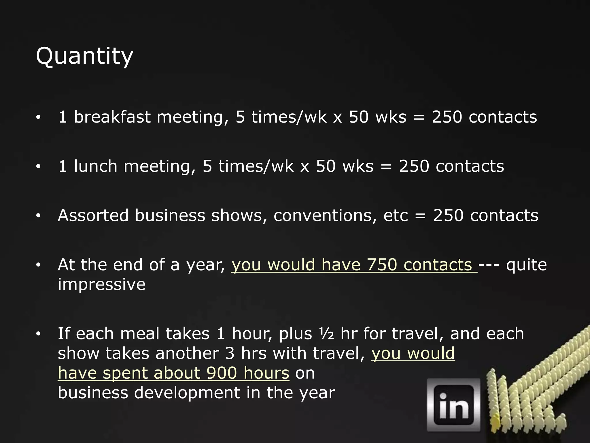 Quantity

• 1 breakfast meeting, 5 times/wk x 50 wks = 250 contacts

• 1 lunch meeting, 5 times/wk x 50 wks = 250 contacts

• Assorted business shows, conventions, etc = 250 contacts

• At the end of a year, you would have 750 contacts --- quite
  impressive

• If each meal takes 1 hour, plus ½ hr for travel, and each
  show takes another 3 hrs with travel, you would
  have spent about 900 hours on
  business development in the year
 