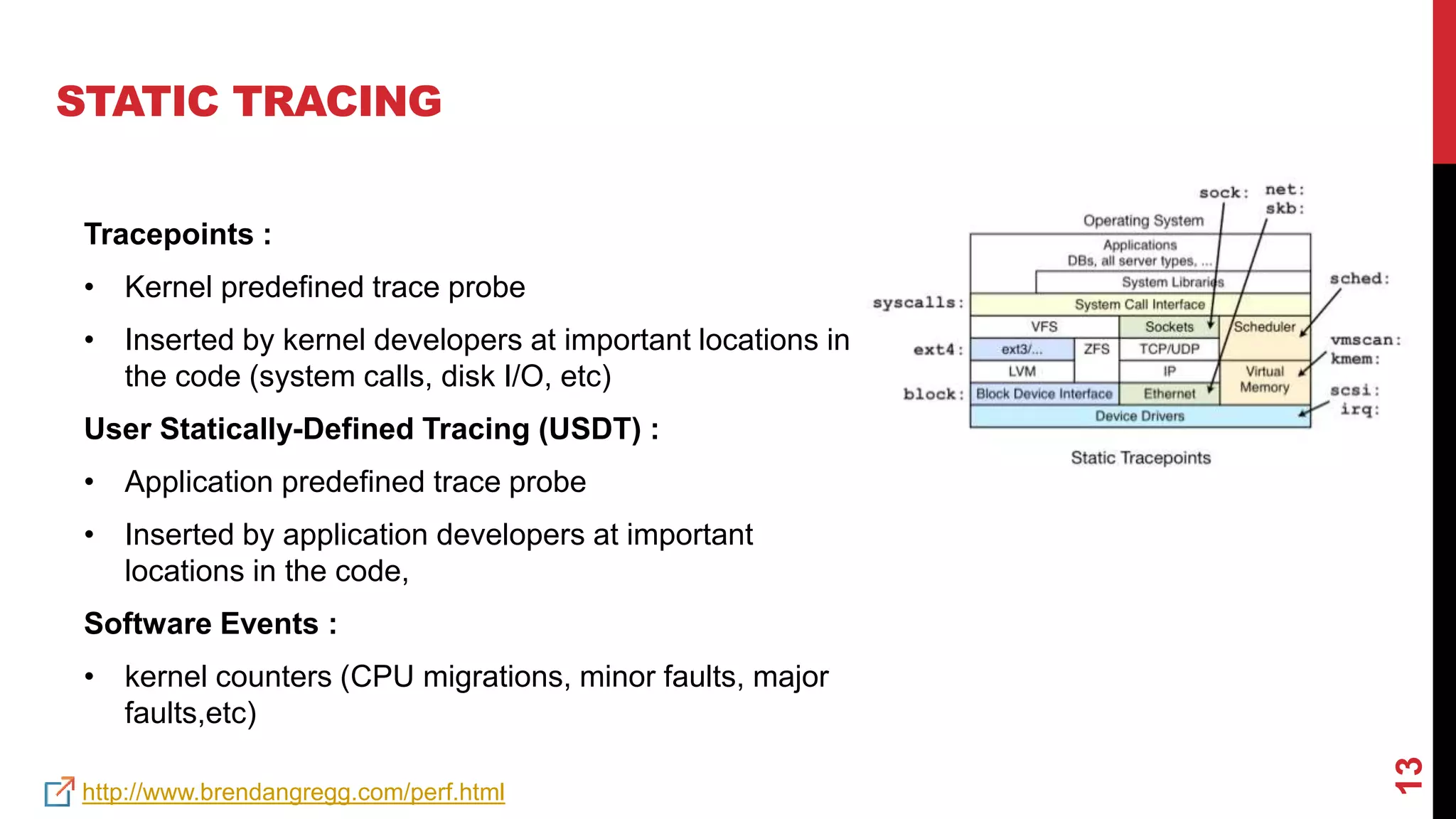 13
STATIC TRACING
Tracepoints :
• Kernel predefined trace probe
• Inserted by kernel developers at important locations in
the code (system calls, disk I/O, etc)
User Statically-Defined Tracing (USDT) :
• Application predefined trace probe
• Inserted by application developers at important
locations in the code,
Software Events :
• kernel counters (CPU migrations, minor faults, major
faults,etc)
http://www.brendangregg.com/perf.html
 