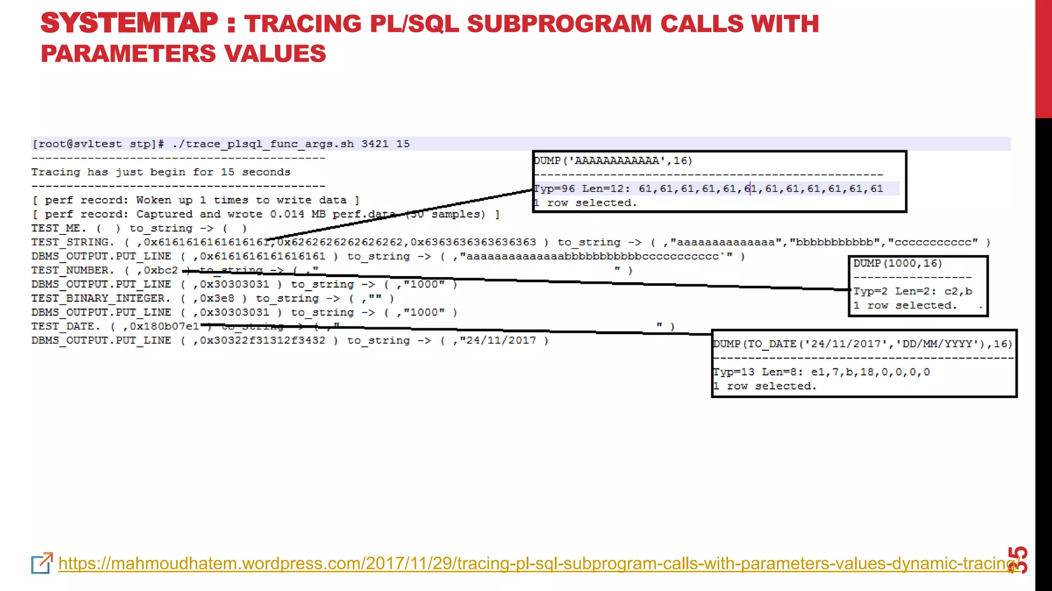 35
SYSTEMTAP : TRACING PL/SQL SUBPROGRAM CALLS WITH
PARAMETERS VALUES
https://mahmoudhatem.wordpress.com/2017/11/29/tracing-pl-sql-subprogram-calls-with-parameters-values-dynamic-tracing/
 