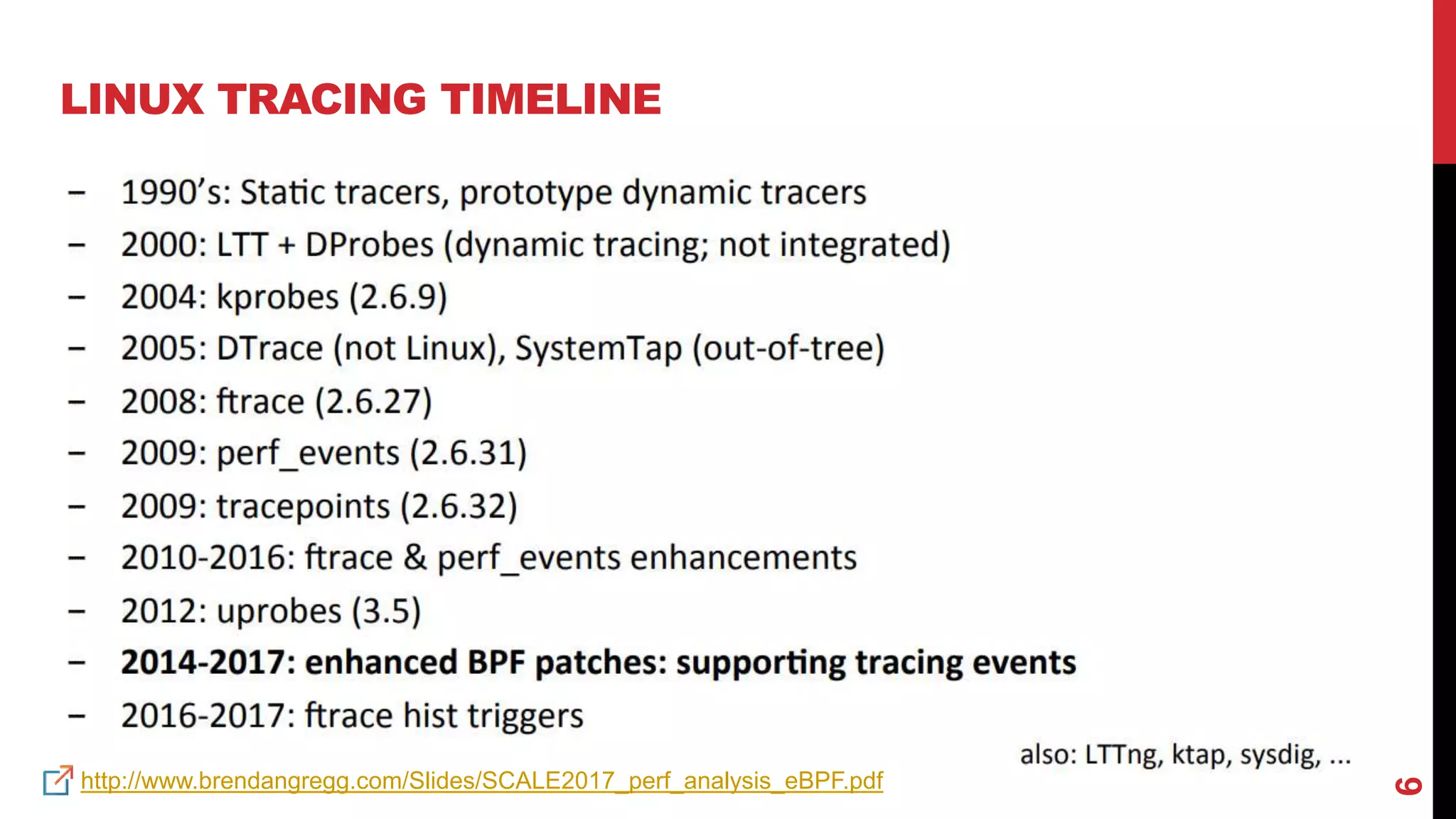 6
LINUX TRACING TIMELINE
http://www.brendangregg.com/Slides/SCALE2017_perf_analysis_eBPF.pdf
 
