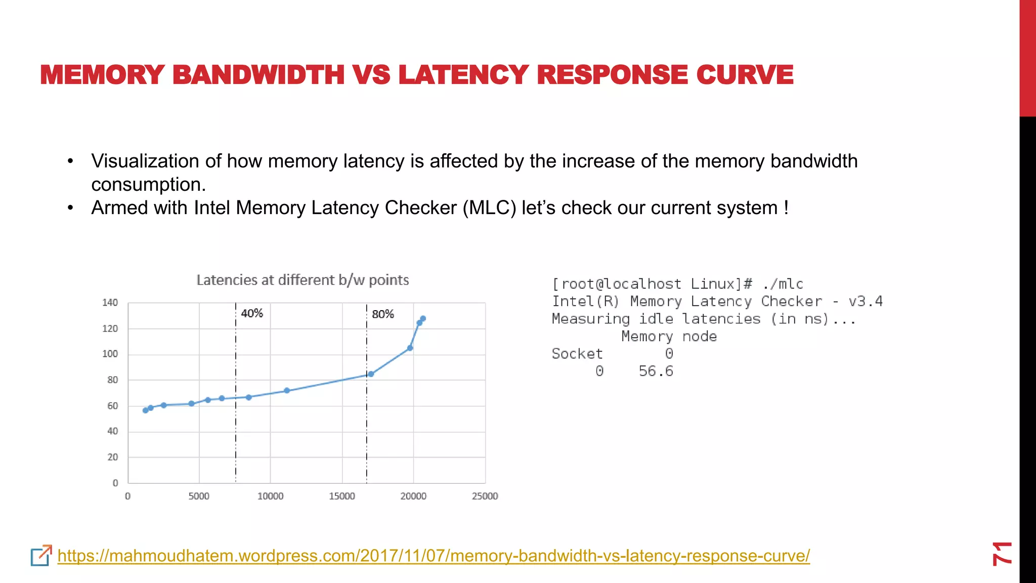 71
MEMORY BANDWIDTH VS LATENCY RESPONSE CURVE
• Visualization of how memory latency is affected by the increase of the memory bandwidth
consumption.
• Armed with Intel Memory Latency Checker (MLC) let’s check our current system !
https://mahmoudhatem.wordpress.com/2017/11/07/memory-bandwidth-vs-latency-response-curve/
 