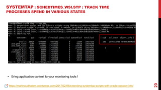 20
SYSTEMTAP : SCHEDTIMES_WSI.STP : TRACK TIME
PROCESSES SPEND IN VARIOUS STATES
https://mahmoudhatem.wordpress.com/2017/02/06/extending-systemtap-scripts-with-oracle-session-info/
• Bring application context to your monitoring tools !
 