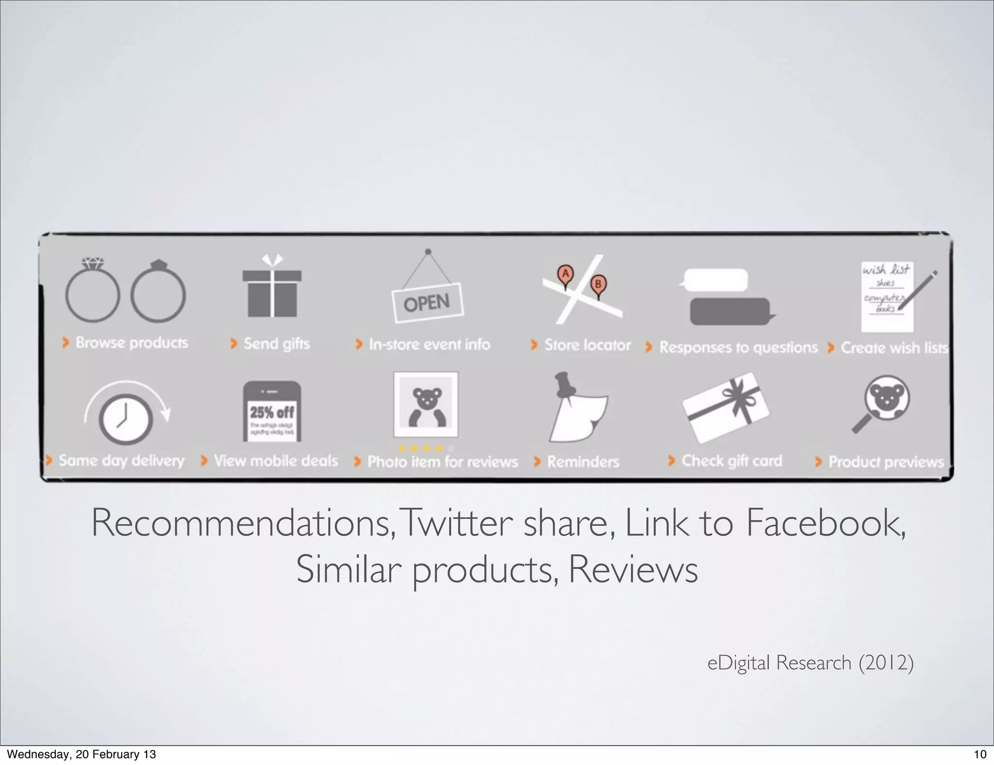 •   Website not optimised for small screens
                        No Pre-ﬂight
                          testing      •   Connections speed


       WHY                                 Loading time
                                       •

                                       •   Sending users to non-mobile pages
      DON’T                            •   No checkout options (reserve, cash on
    CUSTOMERS                              delivery, wishlist)

       BUY?                            •   Privacy and security

                                       •   No store locators provided

                                       •   Pop-up windows

                                       •   Poor customer journey

Wednesday, 20 February 13                                                            13
 