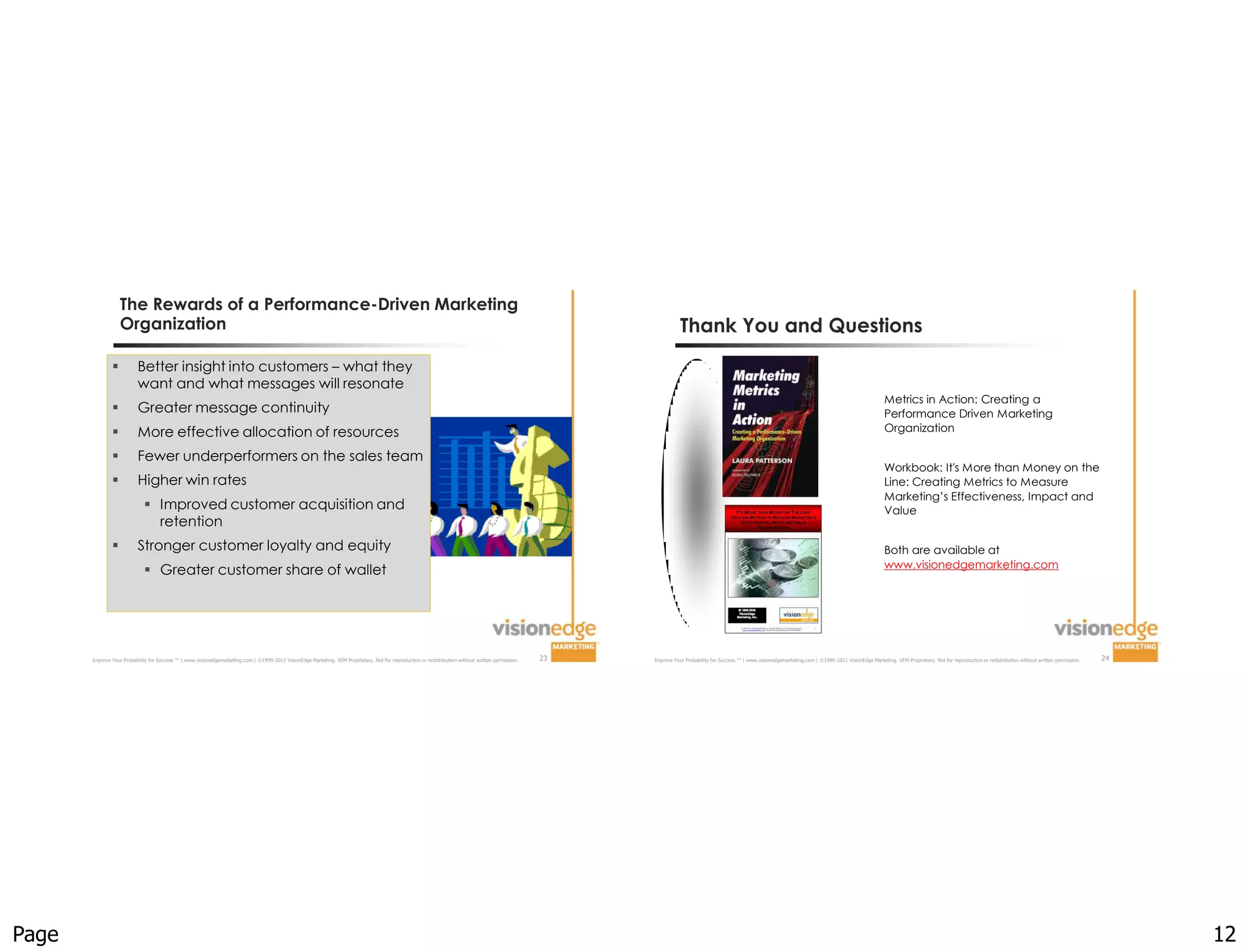 The Rewards of a Performance-Driven Marketing
                   Organization                                                                                                                                                                                      Thank You and Questions
                         Better insight into customers – what they
                          want and what messages will resonate
                                                                                                                                                                                                                                                                                                              Metrics in Action: Creating a
                         Greater message continuity                                                                                                                                                                                                                                                          Performance Driven Marketing
                         More effective allocation of resources                                                                                                                                                                                                                                              Organization

                         Fewer underperformers on the sales team
                                                                                                                                                                                                                                                                                                              Workbook: It's More than Money on the
                         Higher win rates                                                                                                                                                                                                                                                                    Line: Creating Metrics to Measure
                                                                                                                                                                                                                                                                                                              Marketing’s Effectiveness, Impact and
                              Improved customer acquisition and                                                                                                                                                                                                                                              Value
                               retention
                         Stronger customer loyalty and equity                                                                                                                                                                                                                                                Both are available at
                                                                                                                                                                                                                                                                                                              www.visionedgemarketing.com
                              Greater customer share of wallet




       Improve Your Probability for Success ™ | www.visionedgemarketing.com | ©1999-2011 VisionEdge Marketing. VEM Proprietary. Not for reproduction or redistribution without written permission.   23   Improve Your Probability for Success ™ | www.visionedgemarketing.com | ©1999-2011 VisionEdge Marketing. VEM Proprietary. Not for reproduction or redistribution without written permission.   24




Page                                                                                                                                                                                                                                                                                                                                                                                                         12
 