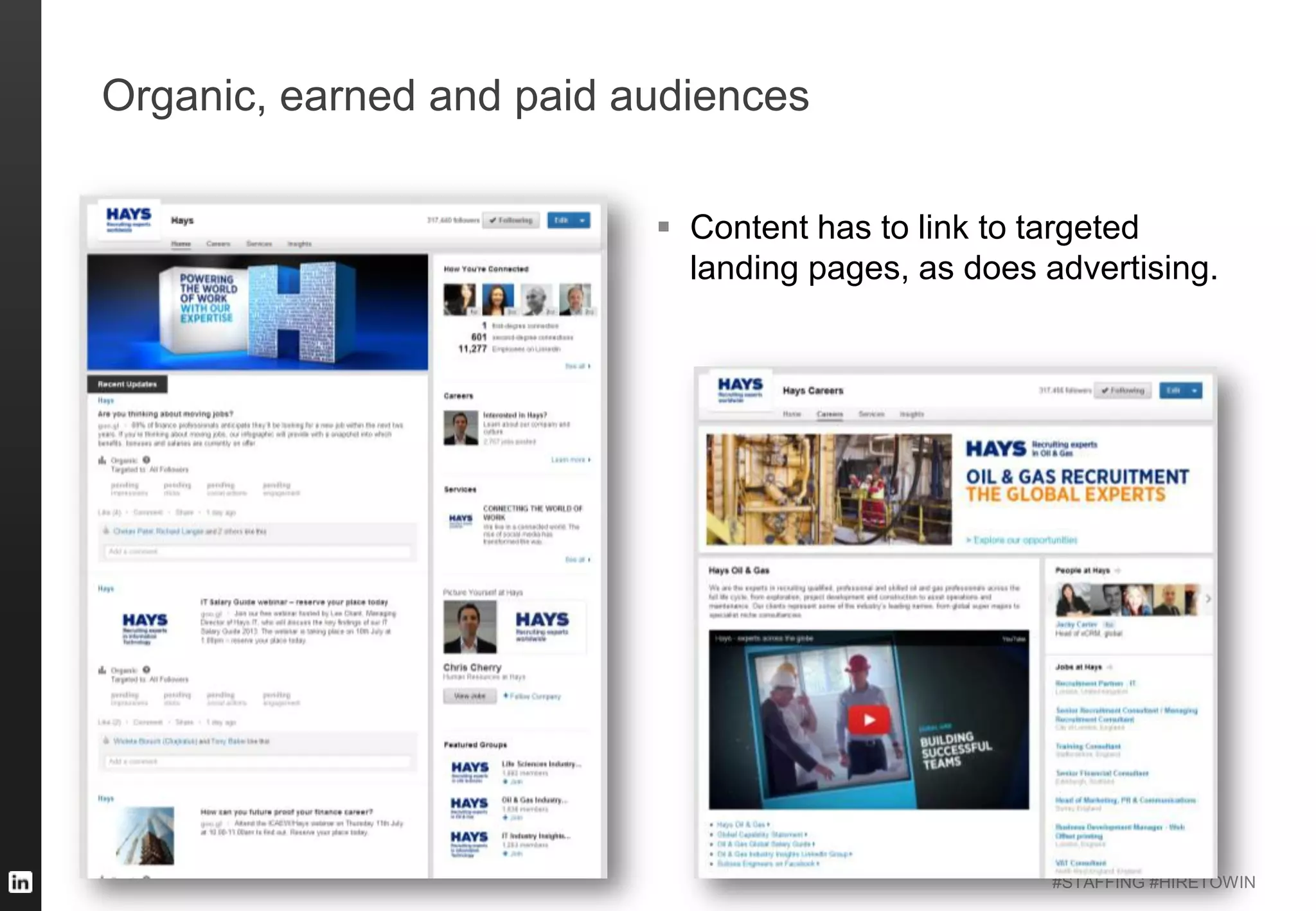 #STAFFING #HIRETOWIN
Organic, earned and paid audiences
 Content has to link to targeted
landing pages, as does advertising.
 
