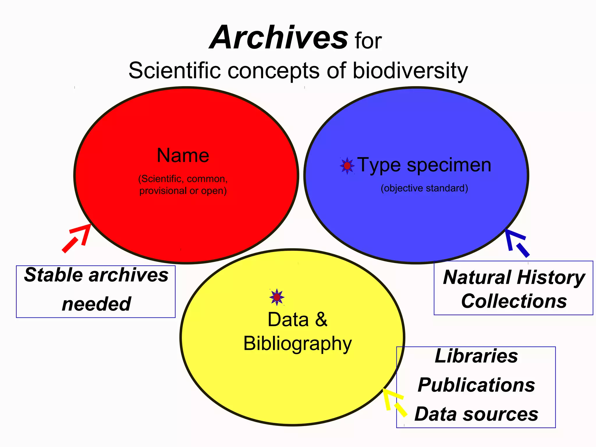 Archives for
Scientific concepts of biodiversity
Name
(Scientific, common,
provisional or open)
Type specimen
(objective standard)
Data &
Bibliography
Stable archives
needed
Natural History
Collections
Libraries
Publications
Data sources
 