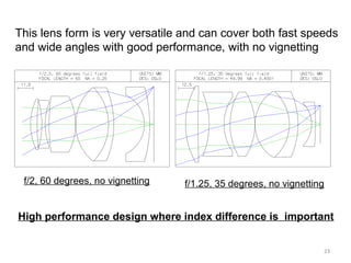 This lens form is very versatile and can cover both fast speeds
and wide angles with good performance, with no vignetting

f/2, 60 degrees, no vignetting

f/1.25, 35 degrees, no vignetting

High performance design where index difference is important
23

 