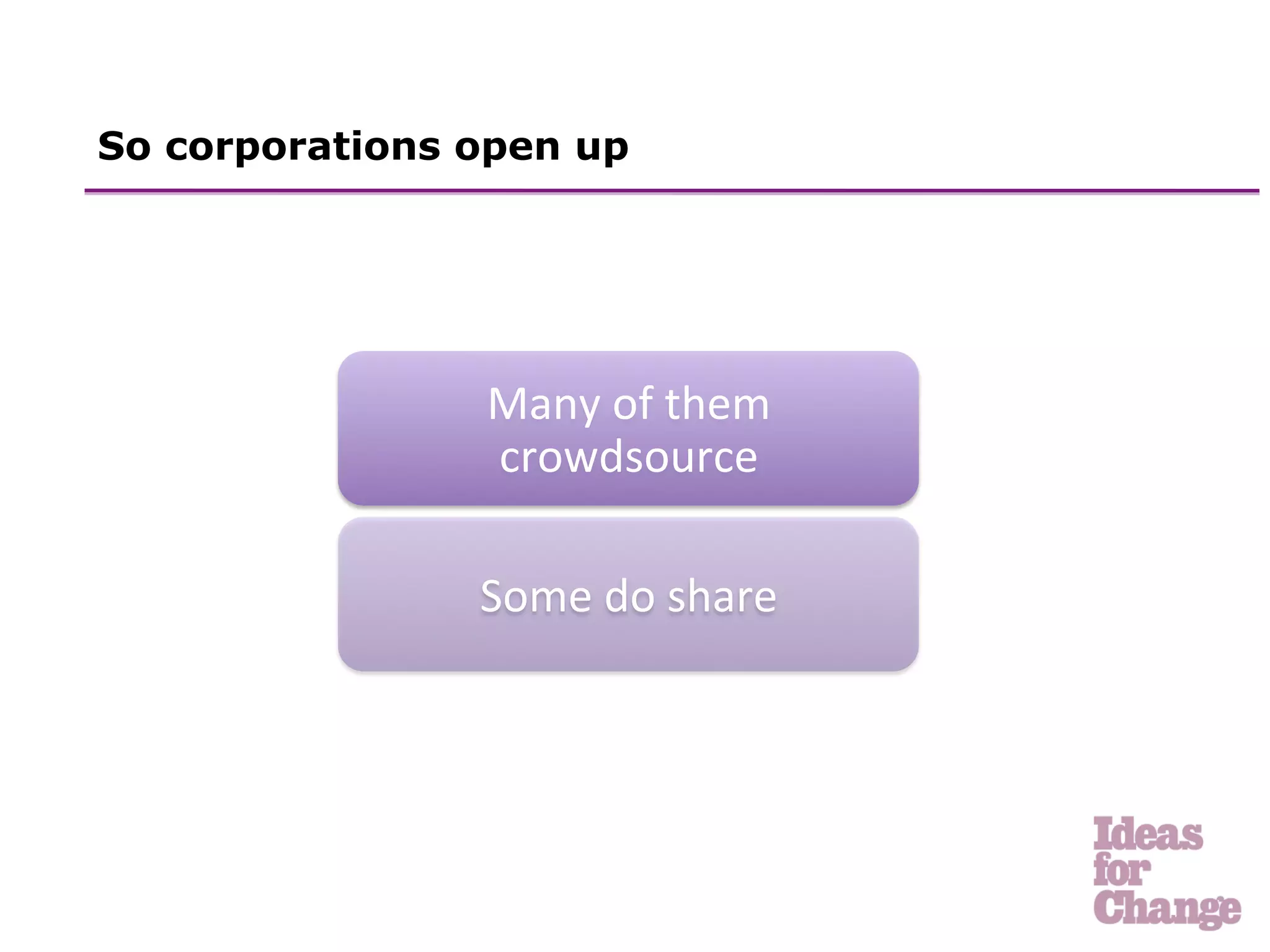 So corporations open up




                Many	
  of	
  them	
  
                crowdsource	
  

                Some	
  do	
  share 	
  	
  
 