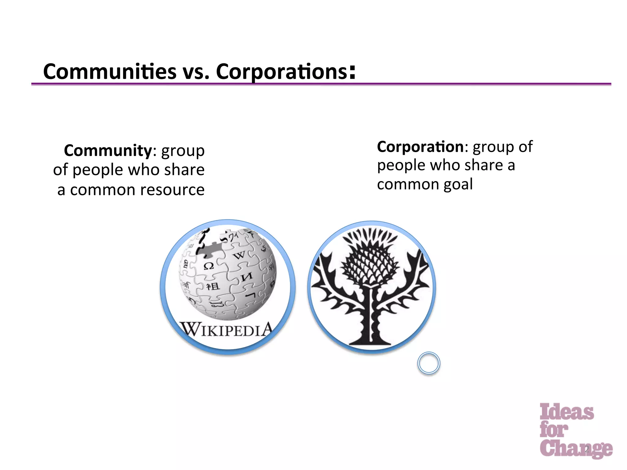 Communi5es	
  vs.	
  Corpora5ons:


  Community:	
  group	
             Corpora5on:	
  group	
  of	
  
 of	
  people	
  who	
  share	
     people	
  who	
  share	
  a	
  
 a	
  common	
  resource	
          common	
  goal	
  




                                                                      2	
  
 