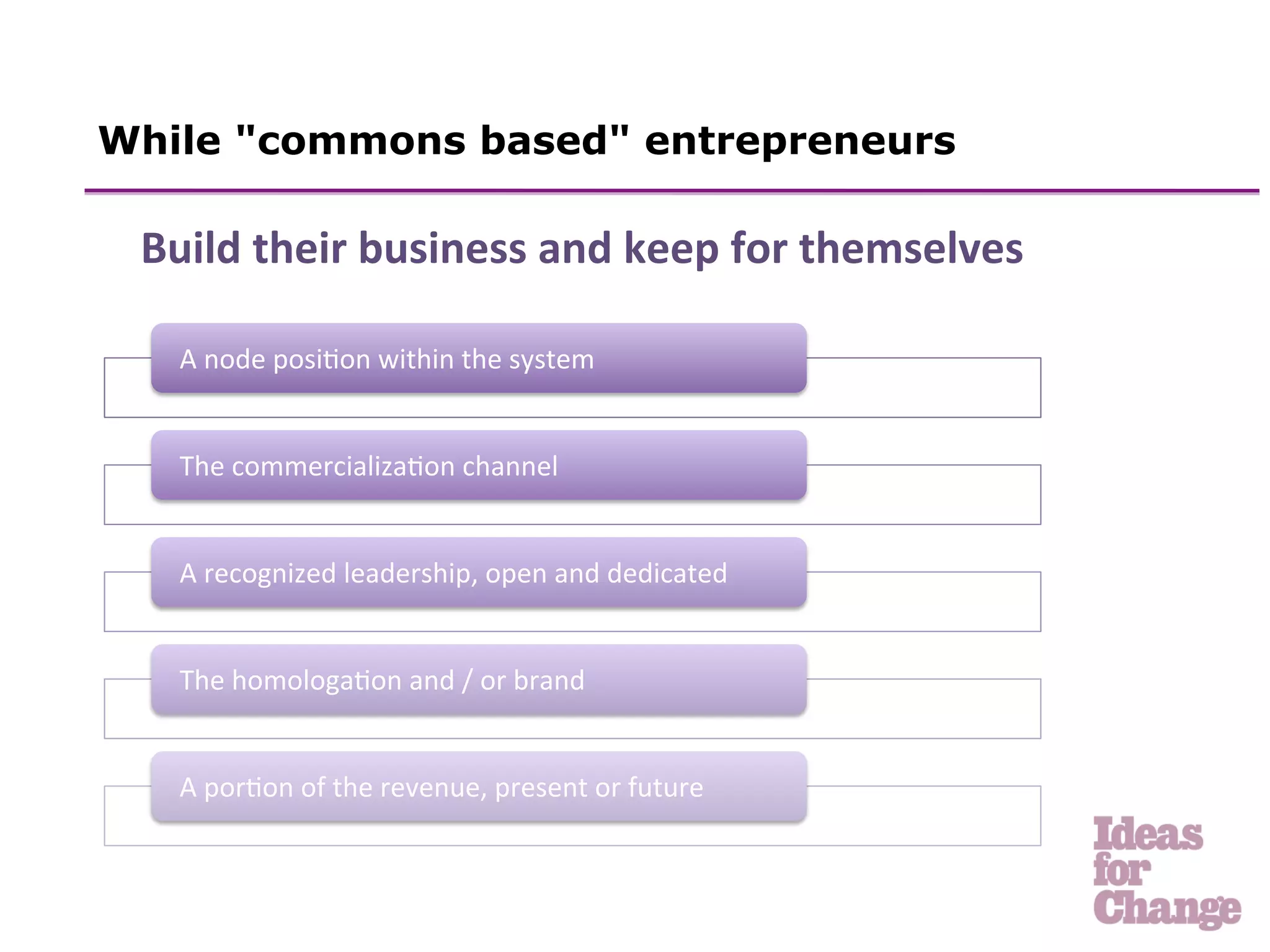While "commons based" entrepreneurs

	
  	
  	
  	
  Build	
  their	
  business	
  and	
  keep	
  for	
  themselves	
  

       A	
  node	
  posi.on	
  within	
  the	
  system	
  


       The	
  commercializa.on	
  channel	
  


       A	
  recognized	
  leadership,	
  open	
  and	
  dedicated	
  


       The	
  homologa.on	
  and	
  /	
  or	
  brand	
  


       A	
  por.on	
  of	
  the	
  revenue,	
  present	
  or	
  future	
  
 