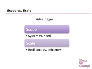 Scope vs. Scale


                     Advantages	
  

           Scope	
  
           • System	
  vs.	
  need	
  

           Scale          	
  	
  
           • Resilience	
  vs.	
  eﬃciency	
  
 