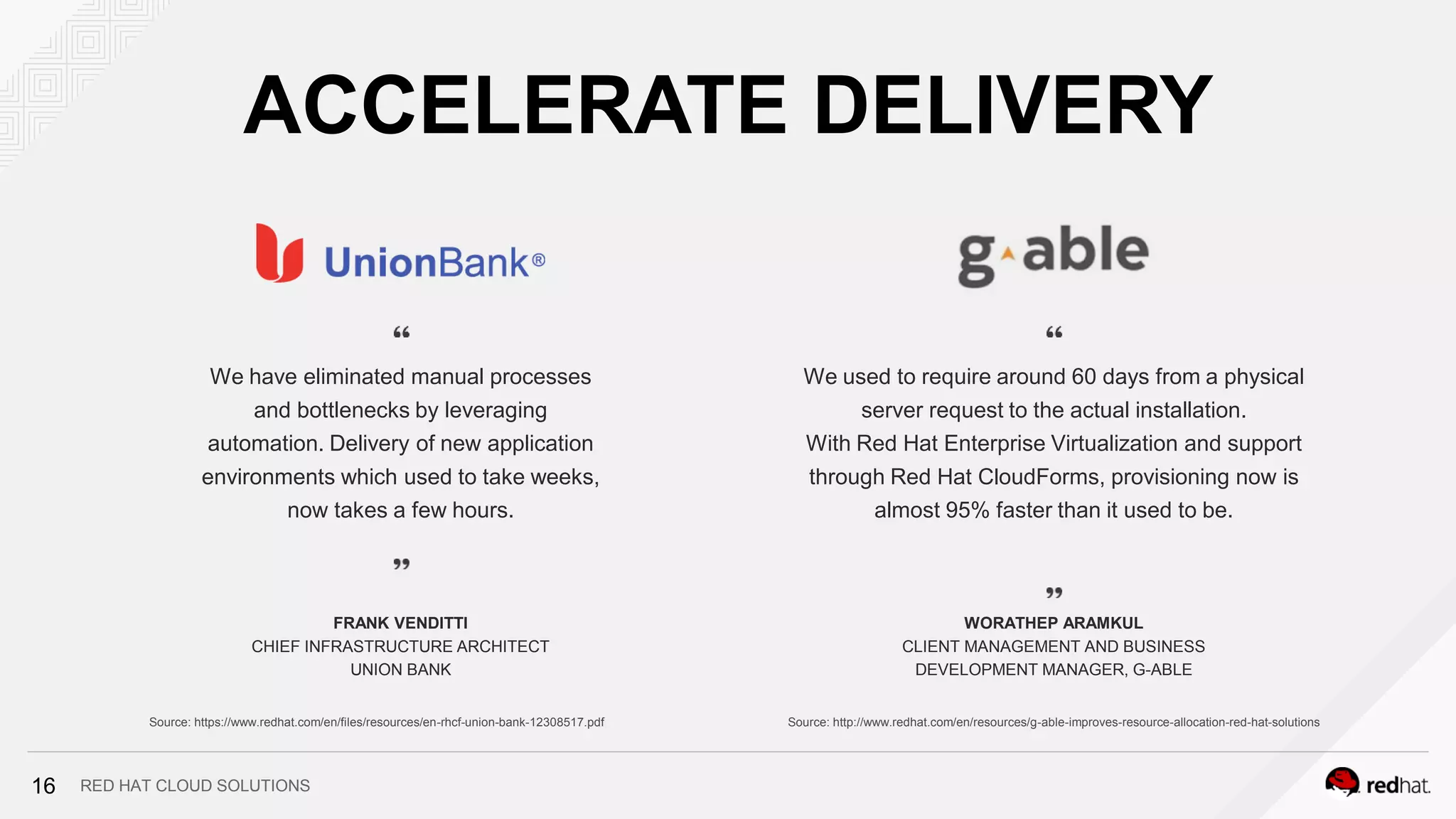 RED HAT CLOUD SOLUTIONS
We have eliminated manual processes
and bottlenecks by leveraging
automation. Delivery of new application
environments which used to take weeks,
now takes a few hours.
We used to require around 60 days from a physical
server request to the actual installation.
With Red Hat Enterprise Virtualization and support
through Red Hat CloudForms, provisioning now is
almost 95% faster than it used to be.
FRANK VENDITTI
CHIEF INFRASTRUCTURE ARCHITECT
UNION BANK
WORATHEP ARAMKUL
CLIENT MANAGEMENT AND BUSINESS
DEVELOPMENT MANAGER, G-ABLE
Source: https://www.redhat.com/en/files/resources/en-rhcf-union-bank-12308517.pdf Source: http://www.redhat.com/en/resources/g-able-improves-resource-allocation-red-hat-solutions
ACCELERATE DELIVERY
16
 