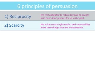 6 principles of persuasion 1) Reciprocity We feel obligated to return favours to people who have done favours for us in th...