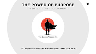 1
A N D H O W T O A C T I V A T E I T I N Y O U R B U S I N E S S
THE POWER OF PURPOSE
SET YOUR VALUES | DEFINE YOUR PURPOSE | CRAFT YOUR STORY
 