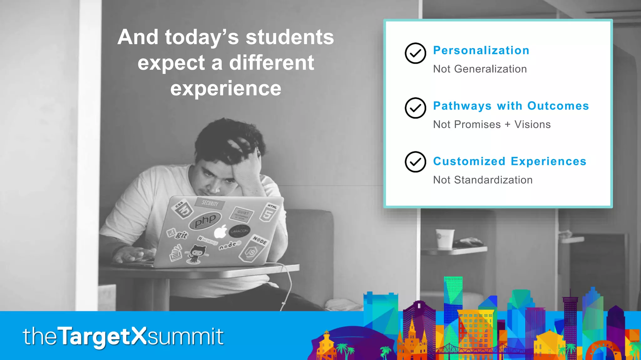 And today’s students
expect a different
experience
Personalization
Not Generalization
Pathways with Outcomes
Not Promises + Visions
Customized Experiences
Not Standardization
 