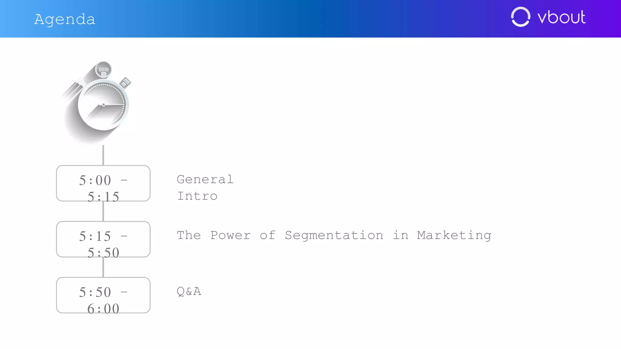 General
Intro
The Power of Segmentation in Marketing
5:00 –
5:15
5:15 –
5:50
5:50 –
6:00
Q&A
Agenda
 