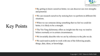 Key Points
By getting to know ourselves better, we can discover our own strengths
and potential.
We can research ourselv...