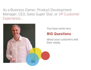 As a Business Owner, Product Development
Manager, CEO, Sales Super Star, or VP Customer
Experience…
You have some very
BIG Questions
about your customers and
their needs.
 