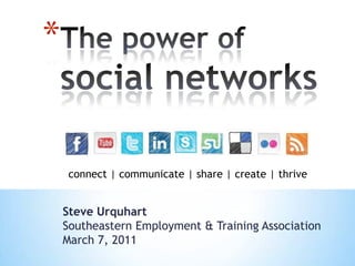 The power of social networks connect | communicate | share | create | thrive  Steve Urquhart Southeastern Employment & Training Association March 7, 2011 