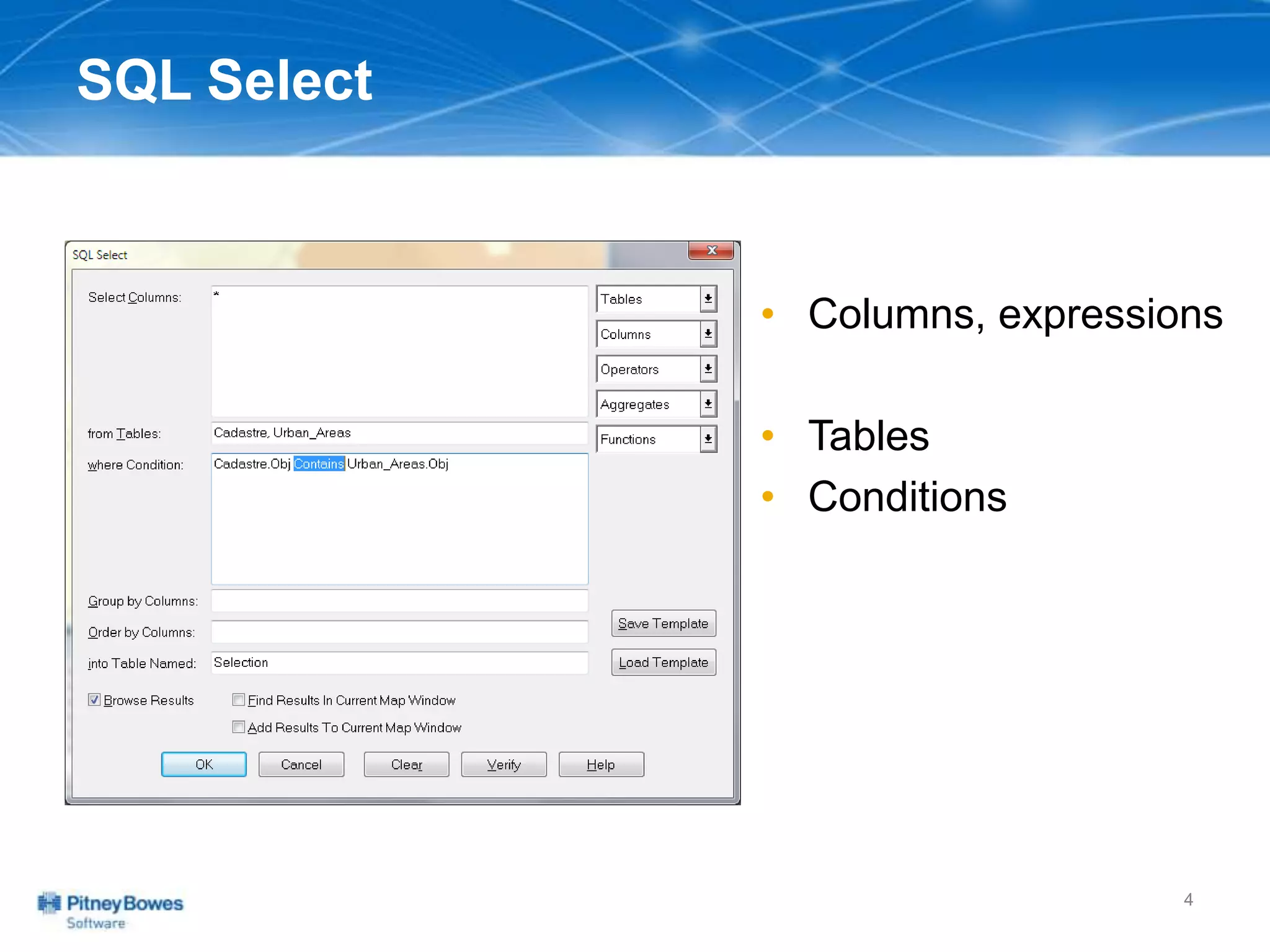 SQL Select
• Columns, expressions
• Tables
• Conditions
4
 