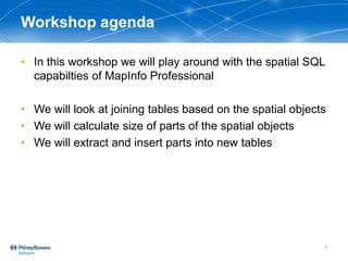 Workshop agenda
• In this workshop we will play around with the spatial SQL
capabilties of MapInfo Professional
• We will look at joining tables based on the spatial objects
• We will calculate size of parts of the spatial objects
• We will extract and insert parts into new tables
3
 