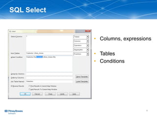 SQL Select
• Columns, expressions
• Tables
• Conditions
4
 