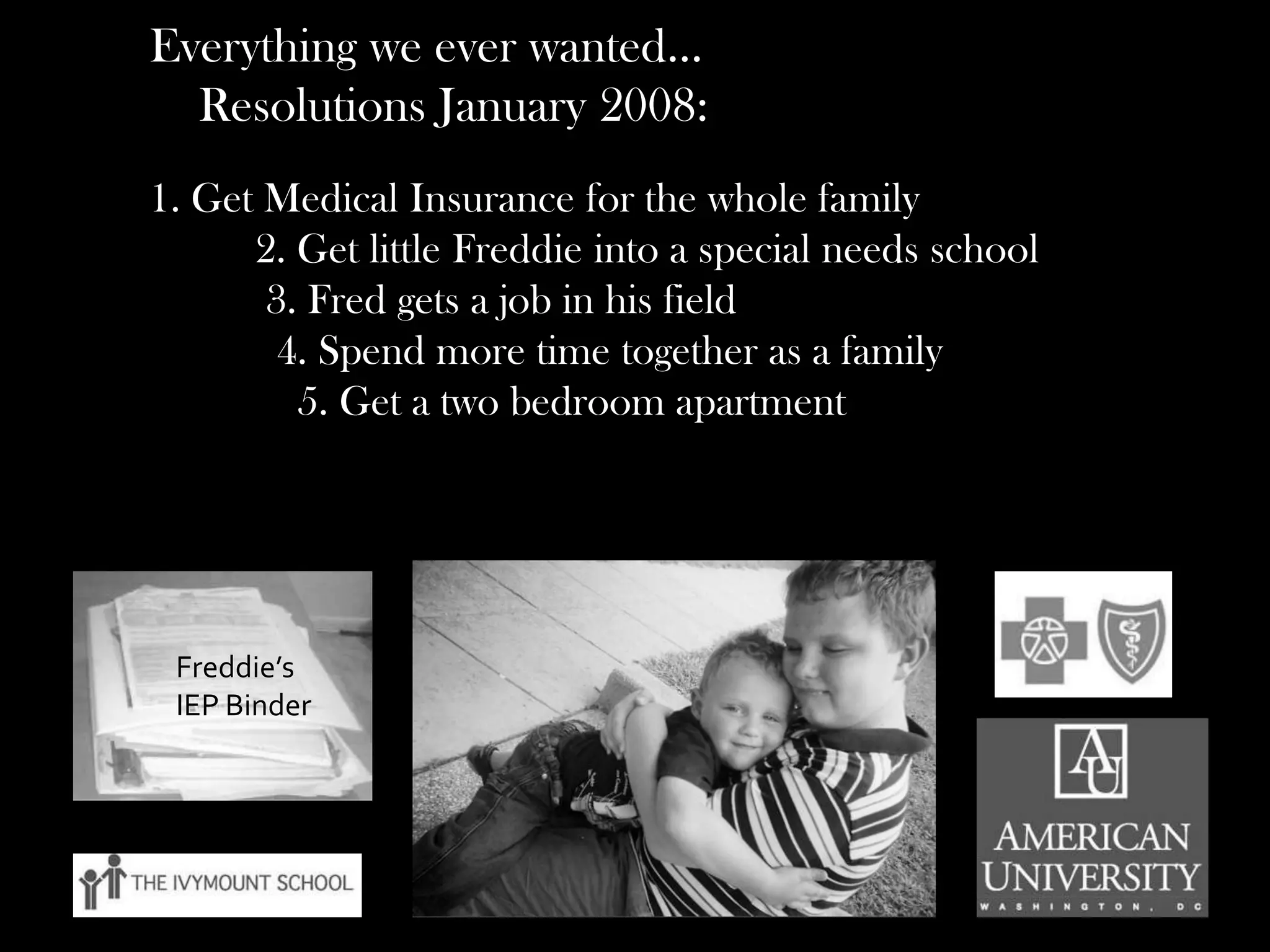 Everything we ever wanted…
Resolutions January 2008:
1. Get Medical Insurance for the whole family
2. Get little Freddie into a special needs school
3. Fred gets a job in his field
4. Spend more time together as a family
5. Get a two bedroom apartment

Freddie’s
IEP Binder

 