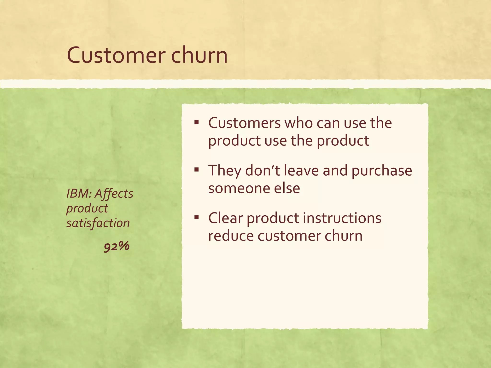 Customer churn
IBM: Affects
product
satisfaction
92%
▪ Customers who can use the
product use the product
▪ They don’t leave and purchase
someone else
▪ Clear product instructions
reduce customer churn
 