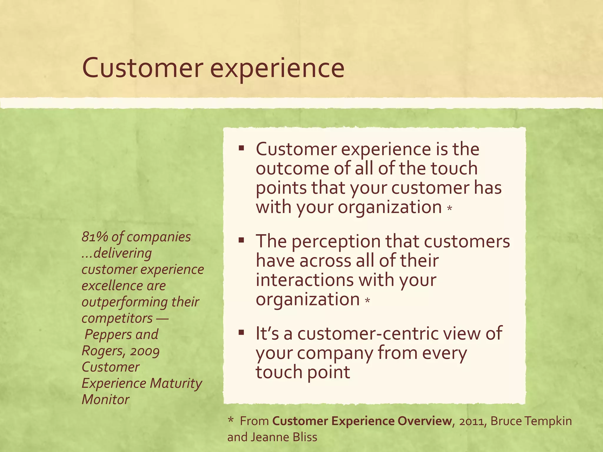 Customer experience
81% of companies
…delivering
customer experience
excellence are
outperforming their
competitors —
Peppers and
Rogers, 2009
Customer
Experience Maturity
Monitor
▪ Customer experience is the
outcome of all of the touch
points that your customer has
with your organization *
▪ The perception that customers
have across all of their
interactions with your
organization *
▪ It’s a customer-centric view of
your company from every
touch point
* From Customer Experience Overview, 2011, BruceTempkin
and Jeanne Bliss
 