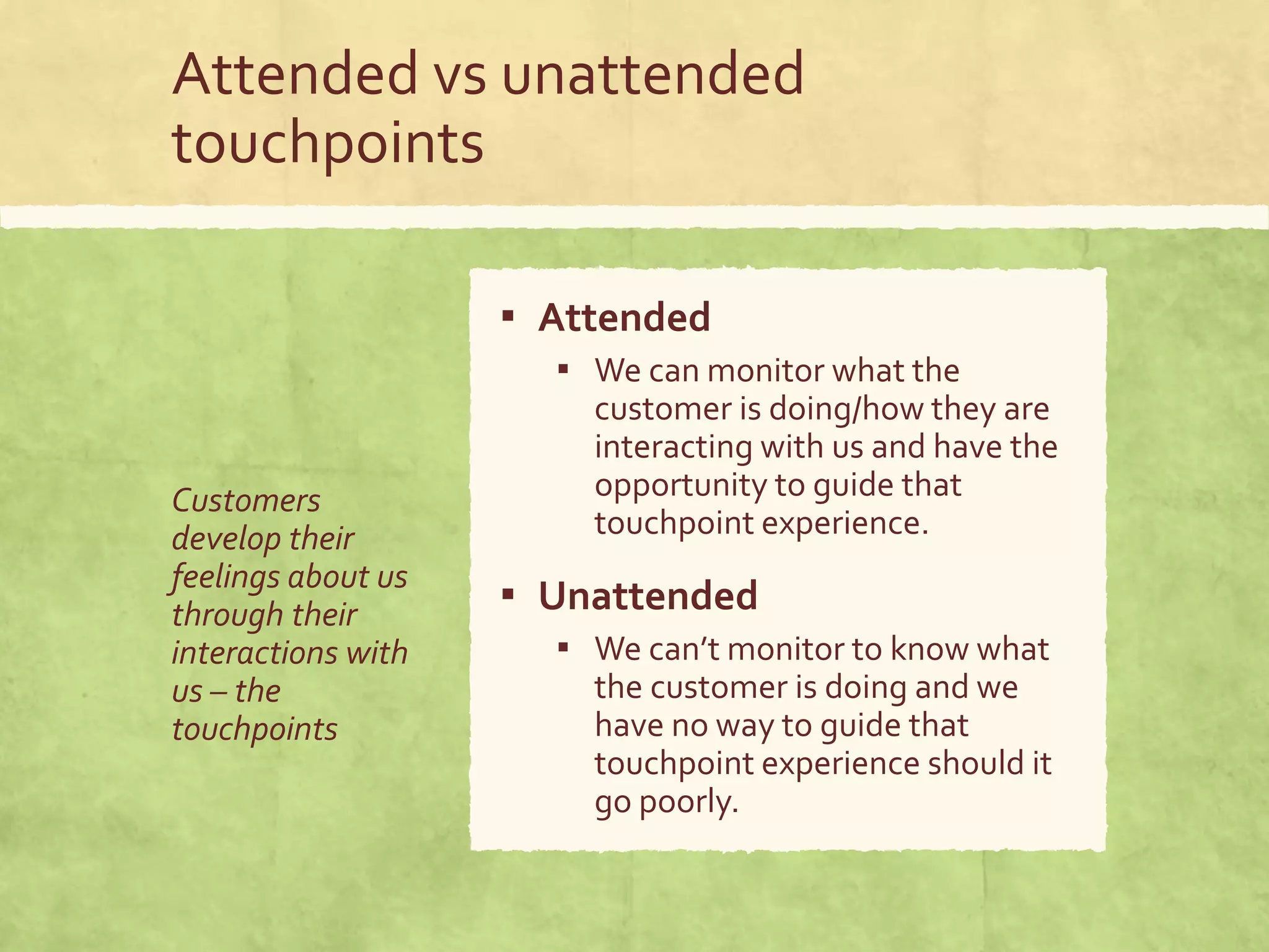 Attended vs unattended
touchpoints
Customers
develop their
feelings about us
through their
interactions with
us – the
touchpoints
▪ Attended
▪ We can monitor what the
customer is doing/how they are
interacting with us and have the
opportunity to guide that
touchpoint experience.
▪ Unattended
▪ We can’t monitor to know what
the customer is doing and we
have no way to guide that
touchpoint experience should it
go poorly.
 