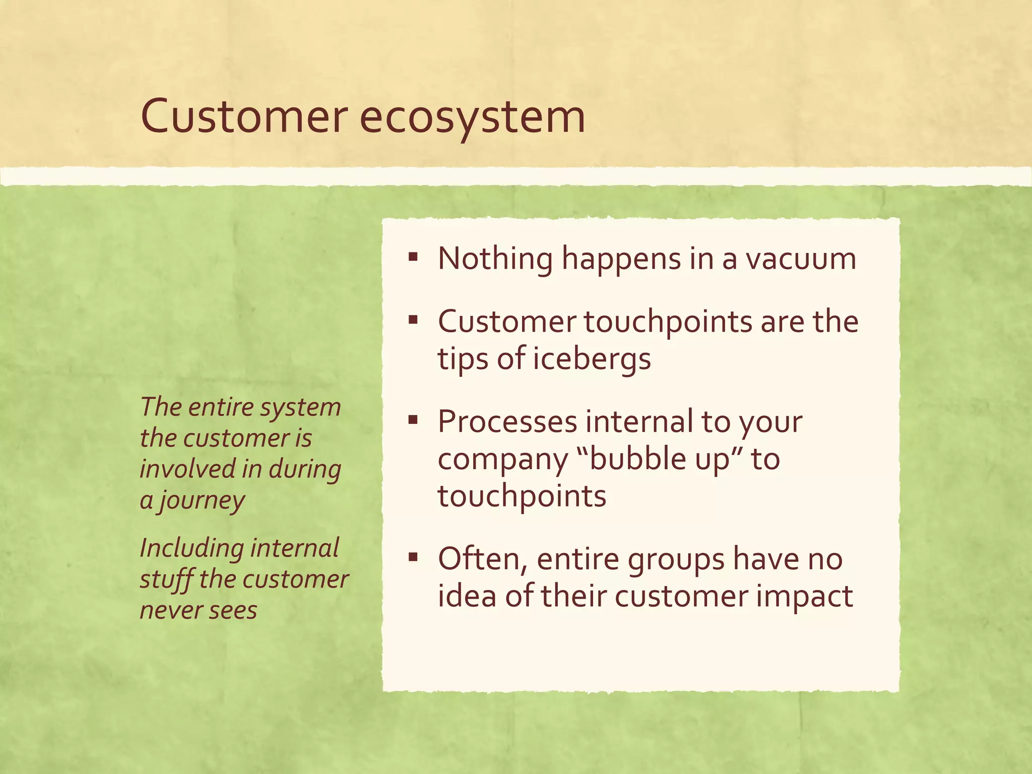 Customer ecosystem
The entire system
the customer is
involved in during
a journey
Including internal
stuff the customer
never sees
▪ Nothing happens in a vacuum
▪ Customer touchpoints are the
tips of icebergs
▪ Processes internal to your
company “bubble up” to
touchpoints
▪ Often, entire groups have no
idea of their customer impact
 