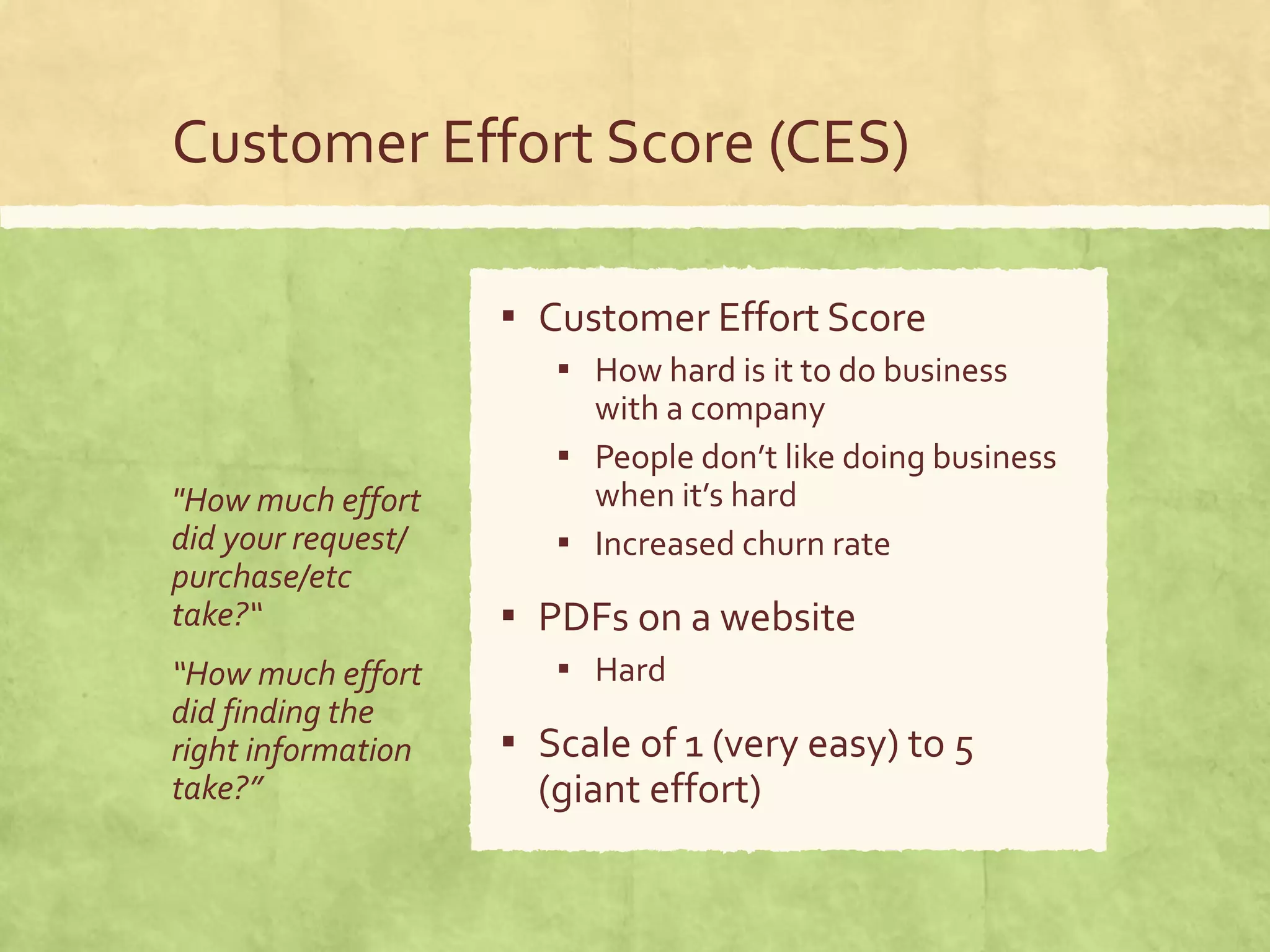 Customer Effort Score (CES)
"How much effort
did your request/
purchase/etc
take?“
“How much effort
did finding the
right information
take?”
▪ Customer Effort Score
▪ How hard is it to do business
with a company
▪ People don’t like doing business
when it’s hard
▪ Increased churn rate
▪ PDFs on a website
▪ Hard
▪ Scale of 1 (very easy) to 5
(giant effort)
 