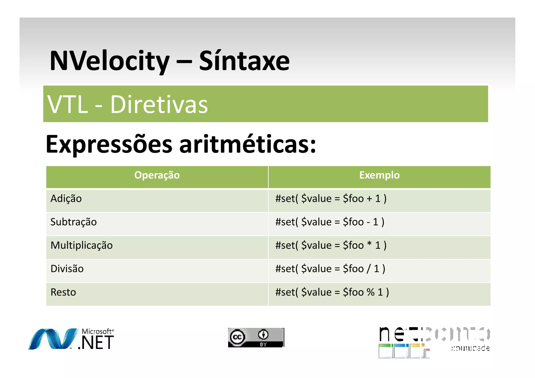 NVelocity – Síntaxe
VTL - Diretivas
Expressões aritméticas:
Operação

Exemplo

Adição

#set( $value = $foo + 1 )

Subtração

#set( $value = $foo - 1 )

Multiplicação

#set( $value = $foo * 1 )

Divisão

#set( $value = $foo / 1 )

Resto

#set( $value = $foo % 1 )

 