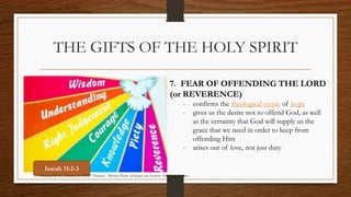 THE GIFTS OF THE HOLY SPIRIT 
7. FEAR OF OFFENDING THE LORD 
(or REVERENCE) 
- confirms the theological virtue of hope 
- gives us the desire not to offend God, as well 
as the certainty that God will supply us the 
grace that we need in order to keep from 
offending Him 
- arises out of love, not just duty 
Isaiah 11:2-3 
Prepared by: K. Gutierrez for BCBP Tanauan - Mission (Note: all images are courtesy of Google Images) 
 
