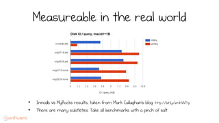 Measureable in the real world
•  Innodb vs MyRocks results, taken from Mark Callaghan’s blog: http://bit.ly/2mhWT7p
•  There are many subtleties. Take all benchmarks with a pinch of salt.
 