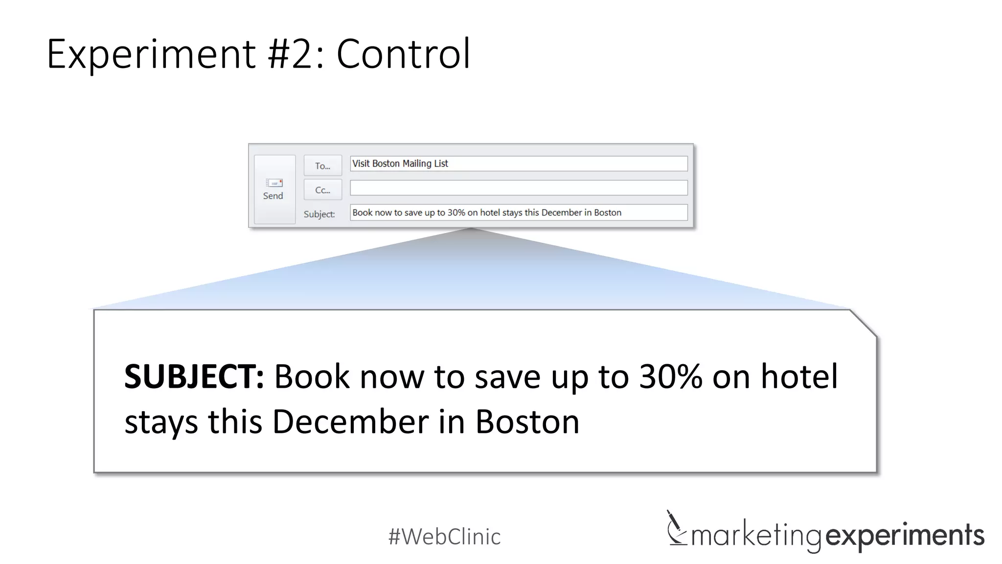 #WebClinic
Experiment #2: Control
SUBJECT: Book now to save up to 30% on hotel
stays this December in Boston
 