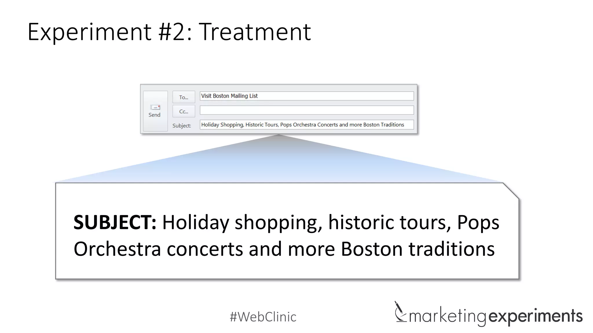 #WebClinic
Experiment #2: Treatment
SUBJECT: Holiday shopping, historic tours, Pops
Orchestra concerts and more Boston traditions
 