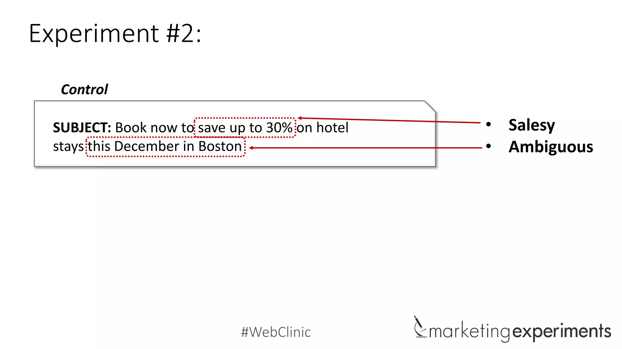 #WebClinic
Experiment #2:
Control
SUBJECT: Book now to save up to 30% on hotel
stays this December in Boston
• Salesy
• Ambiguous
 