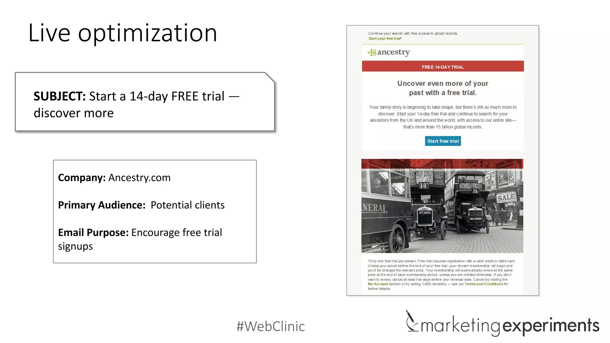 #WebClinic
Live optimization
SUBJECT: Start a 14-day FREE trial —
discover more
Company: Ancestry.com
Primary Audience: Potential clients
Email Purpose: Encourage free trial
signups
 