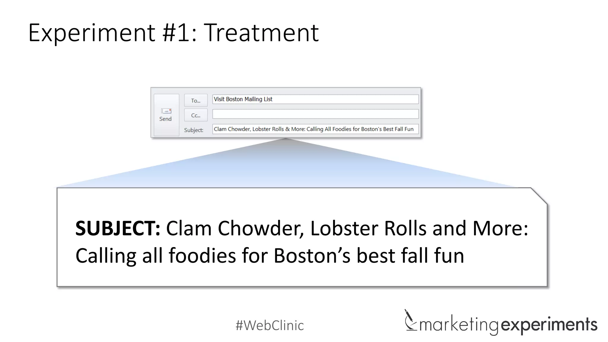 #WebClinic
Experiment #1: Treatment
SUBJECT: Clam Chowder, Lobster Rolls and More:
Calling all foodies for Boston’s best fall fun
 
