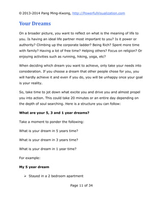 © 2013-2014 Pang Ming-Kwong, http://PowerfulVisualization.com

Your Dreams
On a broader picture, you want to reflect on what is the meaning of life to
you. Is having an ideal life partner most important to you? Is it power or
authority? Climbing up the corporate ladder? Being Rich? Spent more time
with family? Having a lot of free time? Helping others? Focus on religion? Or
enjoying activities such as running, hiking, yoga, etc?
When deciding which dream you want to achieve, only take your needs into
consideration. If you choose a dream that other people chose for you, you
will hardly achieve it and even if you do, you will be unhappy once your goal
is your reality.
So, take time to jot down what excite you and drive you and almost propel
you into action. This could take 20 minutes or an entire day depending on
the depth of soul searching. Here is a structure you can follow:
What are your 5, 3 and 1 year dreams?
Take a moment to ponder the following:
What is your dream in 5 years time?
What is your dream in 3 years time?
What is your dream in 1 year time?
For example:
My 5 year dream
 Stayed in a 2 bedroom apartment
Page 11 of 34

 